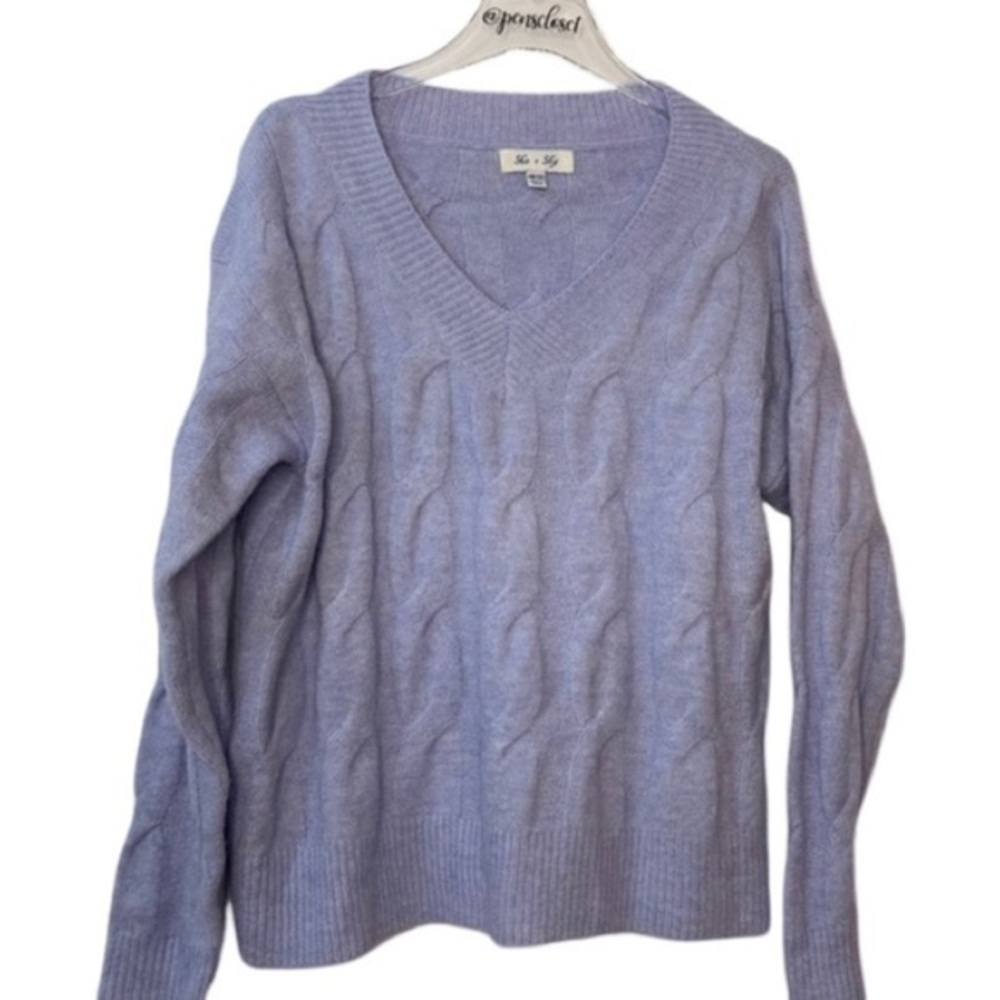 She + Sky V Neck Oversized Fuzzy Soft Long Sleeve Cable Knit Sweater One Size